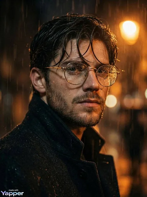 Cinematic close-up portrait of a young man standing in heavy rain at night, wearing round metal glasses and a dark coat,