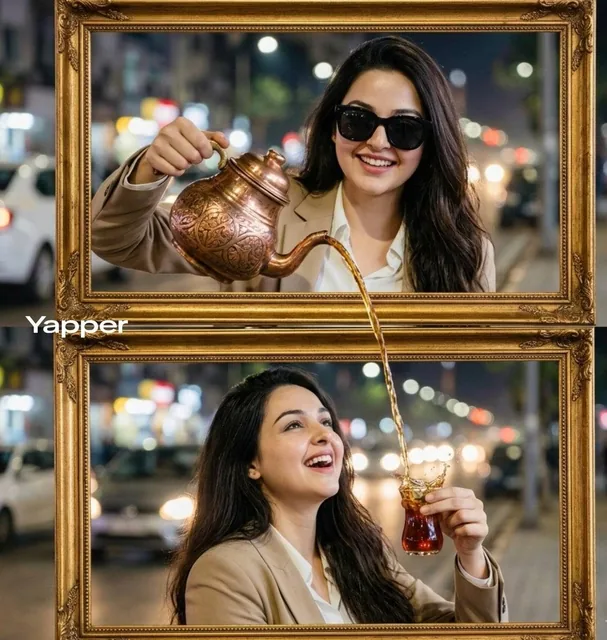 Ultra-realistic cinematic two-frame composition. In the top golden vintage frame, an elegant stylish woman wearing a bei