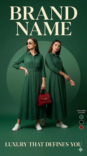 Luxury fashion advertisement poster, deep green background with a soft circular gradient behind the model, two stylish f