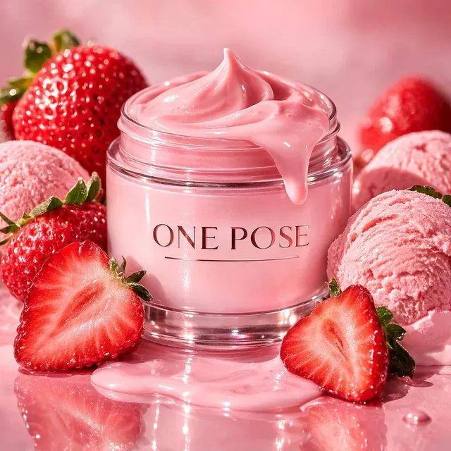 Ultra-realistic luxury skincare product photography featuring a glass cosmetic jar labeled “ONE POSE” placed at the cent