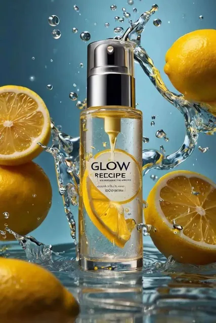 Ultra-realistic skincare advertising photography featuring a frosted citrus glass bottle labeled “Glow Recipe – Lemon Br
