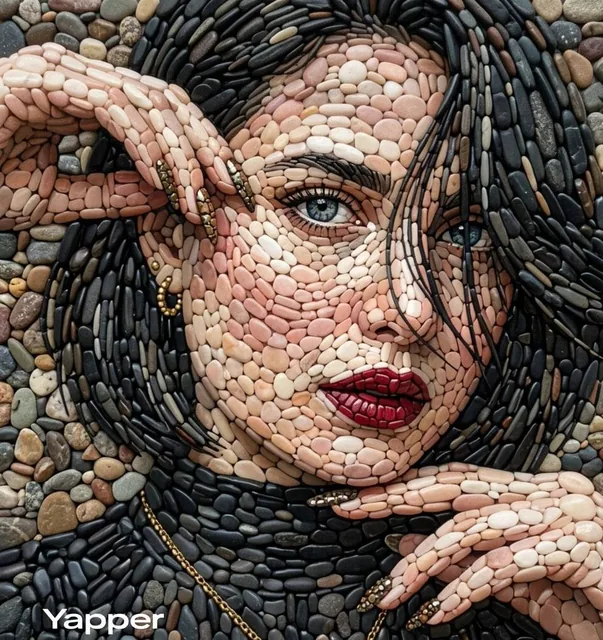 A highly detailed pebble mosaic portrait of a beautiful woman, where the entire image is constructed from thousands of s