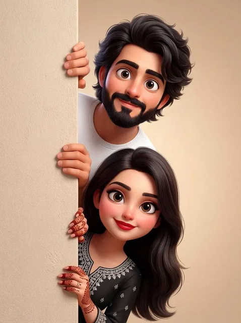 High-quality stylized 3D Pixar/Disney style cartoon illustration of a man and woman playfully peeking from behind a matt