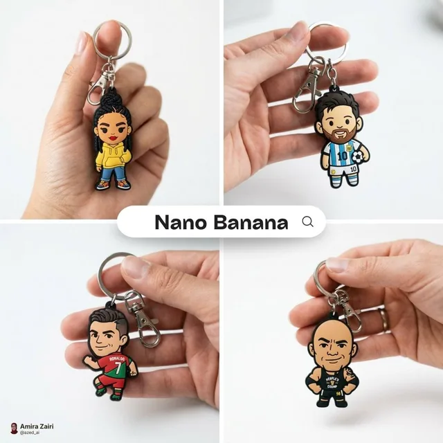 Close-up photo of a cute, colorful rubber keychain held gently in a person’s hand. The keychain features a chibi-style i