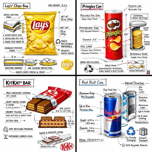Create a branded technical infographic of a [SNACK], combining a realistic photograph or photoreal render of the product