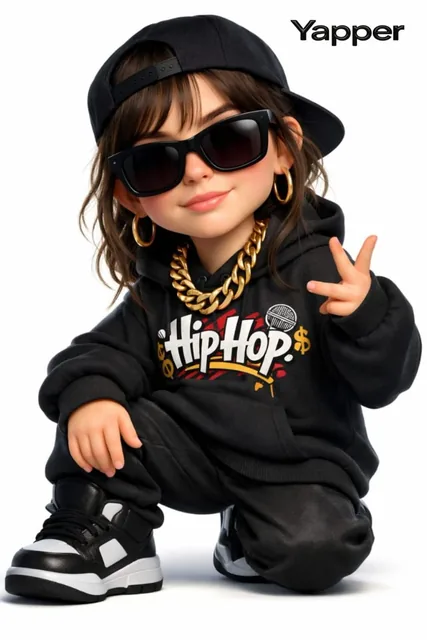 Create a 3D cartoon-style woman with a rap style (the face is inspired by the reference image). She should have a large