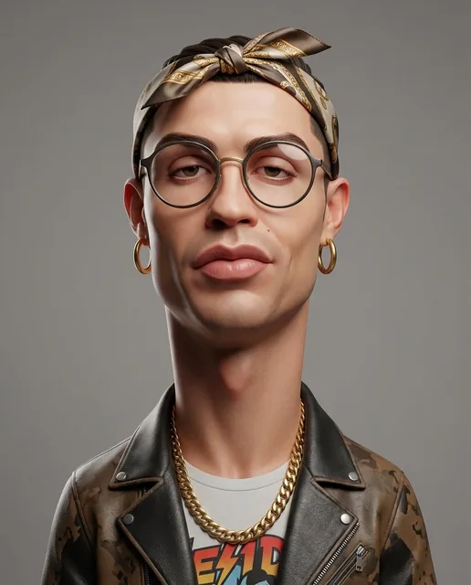 Create an exaggerated stylized 3D caricature character portrait with strong intentional deformation and a clean, control