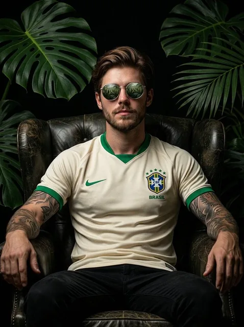 Cinematic portrait of a confident football player sitting on a dark armchair, tropical jungle leaves surrounding him, dr