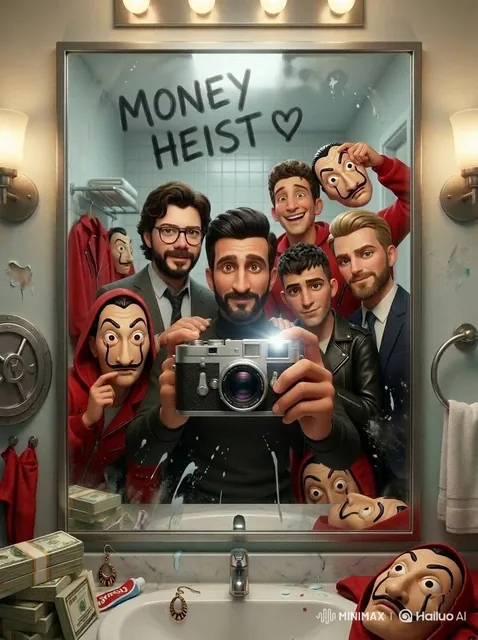 Cinematic mirror selfie scene inspired by a retro 80s sci-fi horror vibe, a group of teenagers and a photographer posing