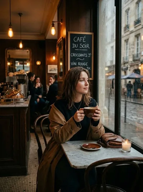 Cinematic photo of a young woman sitting alone in a cozy Parisian café on a rainy day, holding a cup of coffee and looki