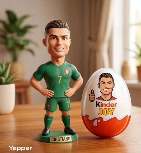 A cute stylized 3D collectible figurine inspired by Cristiano Ronaldo, with short styled hair and an athletic build, wea