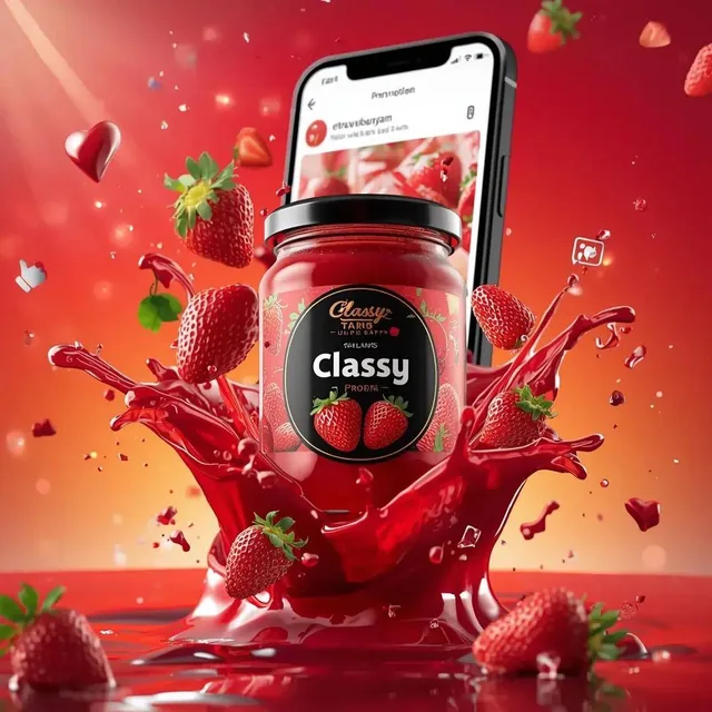 Ultra-realistic commercial food product advertising scene featuring a glass jar labeled "Classy Strawberry Jam" floating