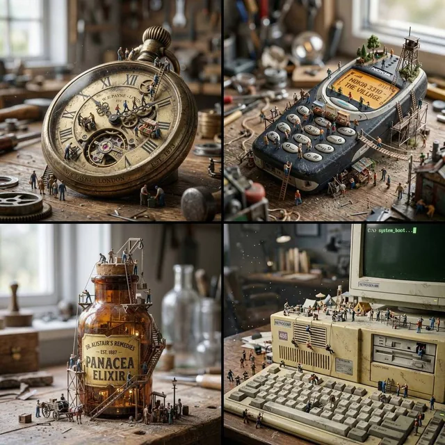Create a hyper-realistic macro photograph of a miniature surreal scene. The environment is dominated by a giant, oversiz