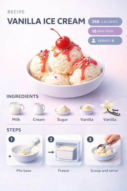 Ultra-clean modern recipe infographic. Showcase Vanilla Ice Cream Scoops with syrup and toppings in angled perspective.