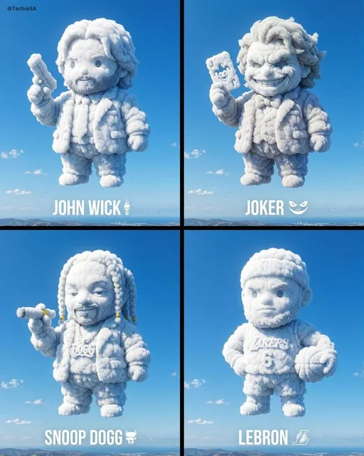 A massive, photorealistic cumulus cloud sculpted into the shape of a chubby, chibi-style [CHARACTER] figure — thick, rou