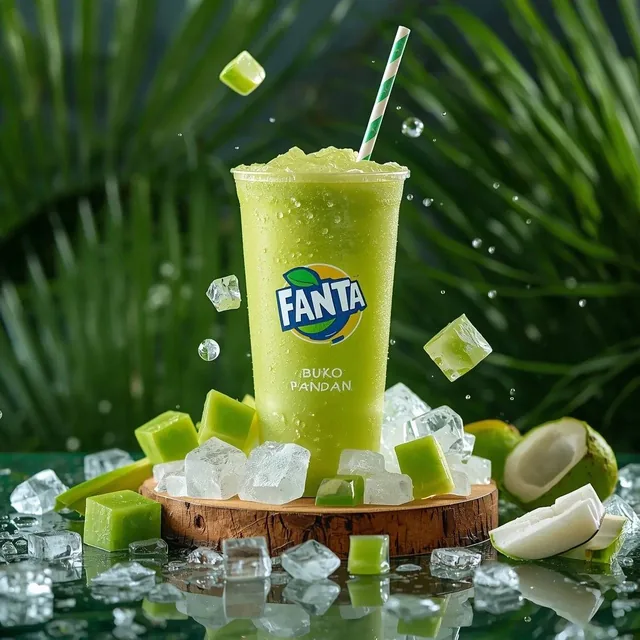 Ultra-realistic commercial product photography of a cold green tropical drink in a transparent plastic cup with Fanta Bu