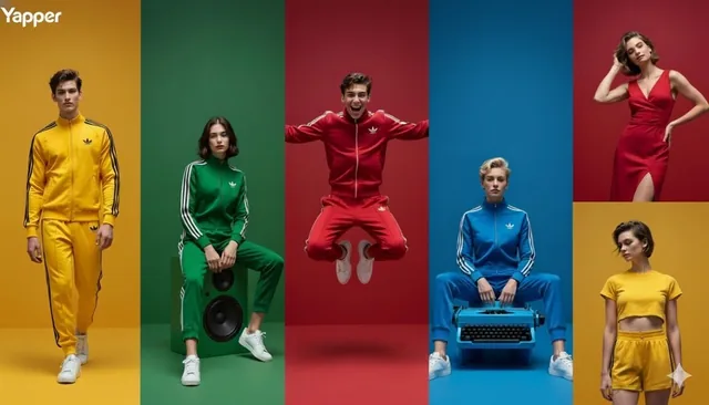 A high-quality, split-screen fashion editorial advertisement featuring multiple panels of different colors (yellow, gree