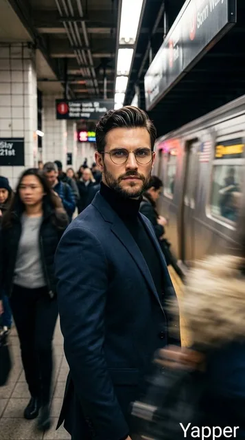 Cinematic portrait of a stylish man standing on a busy subway platform, wearing a dark tailored suit and black turtlenec