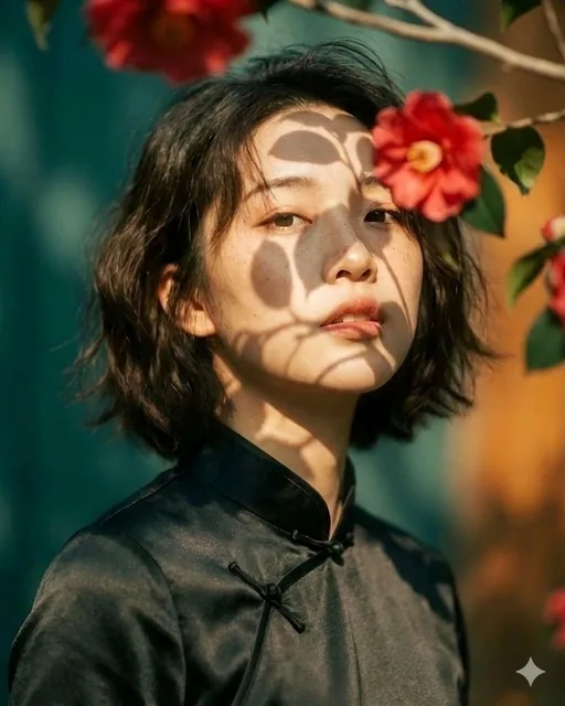 Artistic portrait of an elegant Asian woman wearing a black silk cheongsam (qipao), standing among red camellia flowers