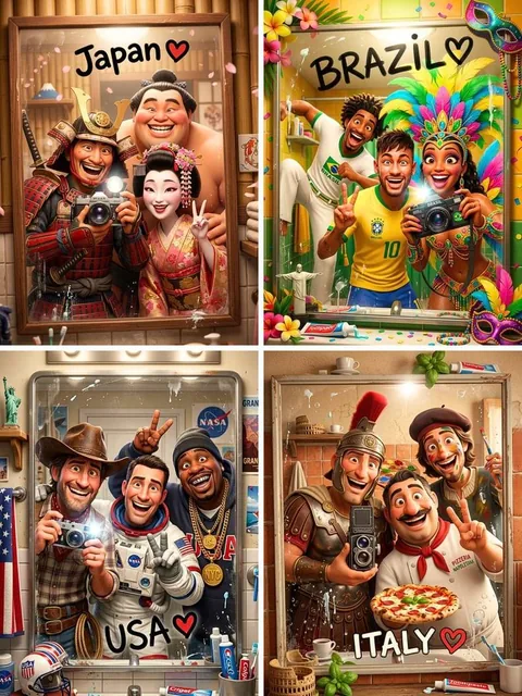 High-quality stylized 3D CGI Pixar-style render, vertical 3:4 composition, three most iconic and recognizable cultural f