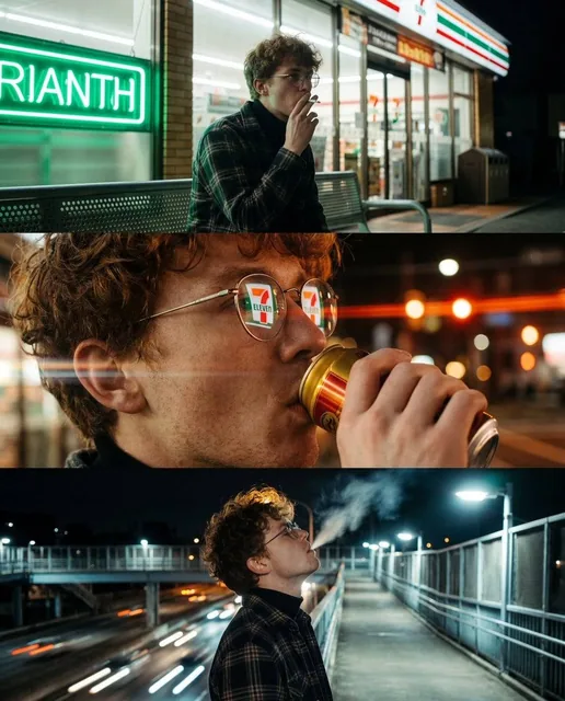 A vertical triptych of three cinematic, night-time urban photographs featuring a young man with messy, curly reddish-bro
