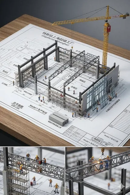 An architectural blueprint of {BUILDING_NAME} placed on a {SURFACE}, with a photorealistic miniature under-construction