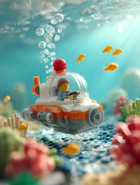 Surrounding the submarine are multiple small bright yellow LEGO fish swimming at different depths, with several air bubb