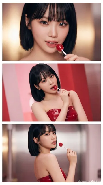 Collage of Le Sserafim's Kim Chaewon in a glossy cherry-red strapless latex dress and short black bob, posing with a red lollipop in a high-fashion editorial style.