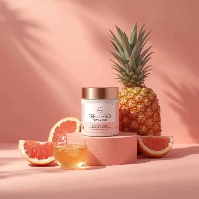 Minimalist luxury product photography of a collagen supplement jar placed on a soft pastel peach background, cylindrical