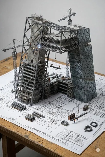 An architectural blueprint of {BUILDING_NAME} placed on a {SURFACE}, with a photorealistic miniature under-construction