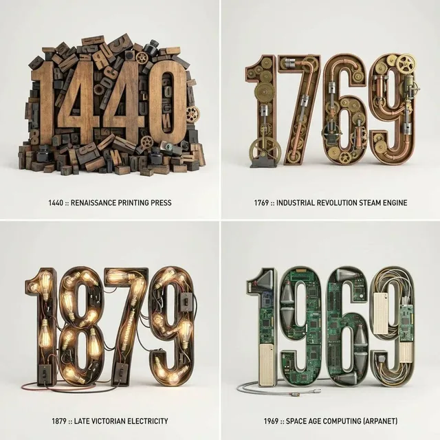 2x2 grid, do this for 4 important years in history and their most important inventions { Anchor: `[Letter/Number] :: [Er