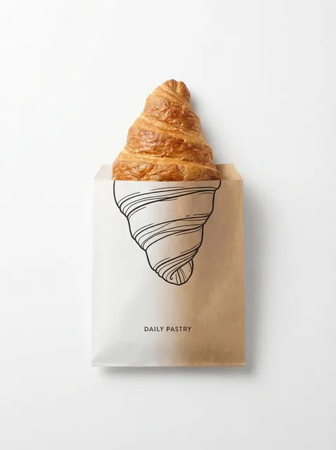 minimal studio shot on pure white background, real [Food Name] emerging from a paper packaging, the visible part outside