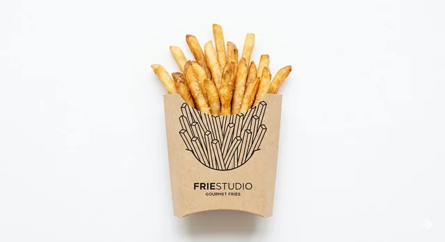 minimal studio shot on pure white background, real [Food Name] emerging from a paper packaging, the visible part outside