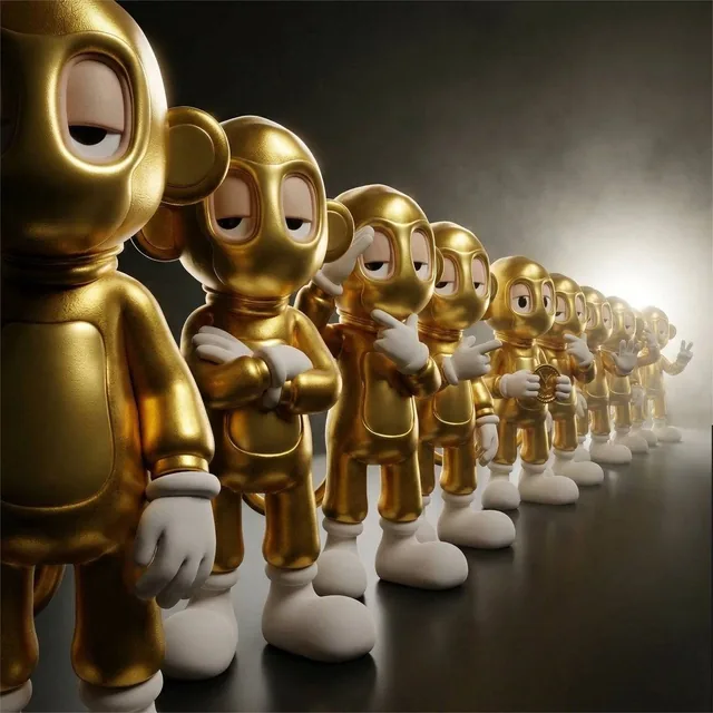 A detailed, collectible-style 3D render of a linear procession of twelve identical figures, viewed in a dynamic diagonal