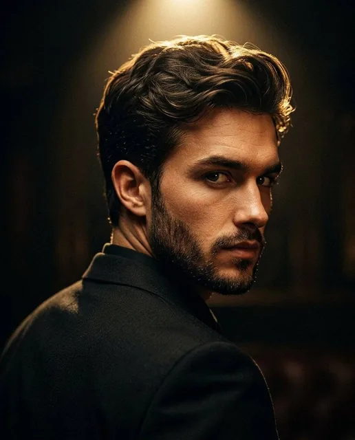 Ultra-realistic cinematic portrait of a stylish man in a black suit, captured from behind with his head turned over his