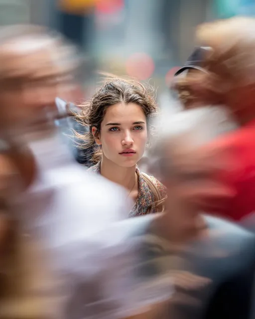 Model looking at camera, close up of face, busy New York street, motion blurred people crossing frame, 200mm zoom lens