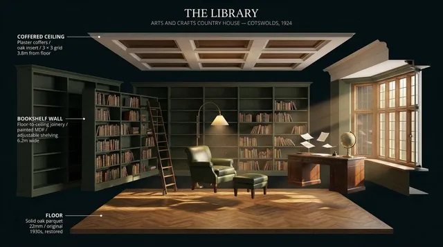 An exploded 3D view of a room's interior, with walls, floor, ceiling, and furniture detached and floating in precise positions within a dark void, showcasing spatial clarity and ar