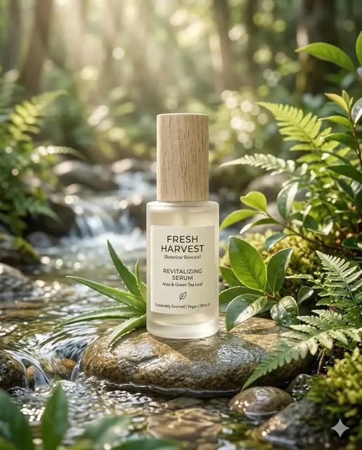 Eco-Friendly Skincare Product “Minimalist skincare bottle made of frosted glass, placed in a serene natural setting with