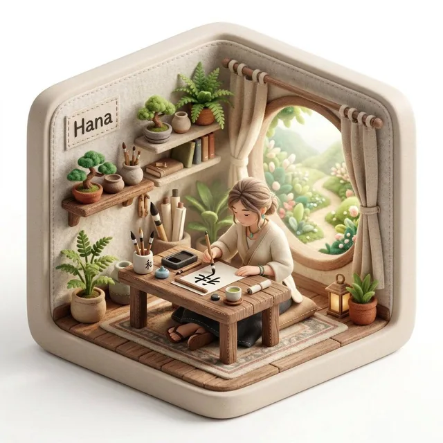 Create a 3D isometric diorama illustration of an original character named [CHARACTER NAME], peacefully working or practi