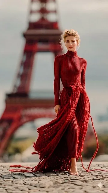 The Eiffel Tower is wrapped in an unreal, surreal layer of vibrant red yarn, as if Paris has been softly entangled in th