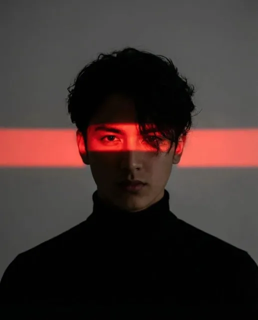 Cinematic studio portrait of a young man with messy textured hair, wearing a black turtleneck, centered composition, dar