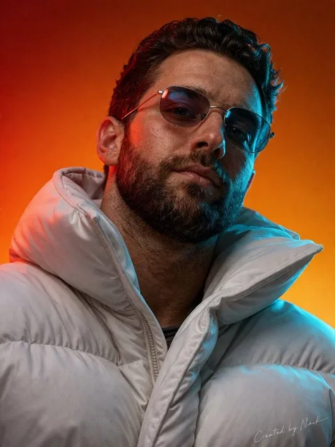 Create an ultra-photorealistic cinematic portrait of a man viewed from a slightly low angle looking upward with a confid