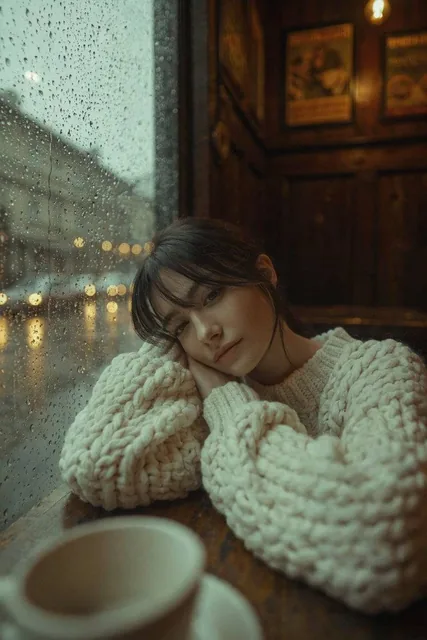 A cinematic, high-resolution portrait of a young woman with dark hair and soft bangs, leaning her head on her hand in a