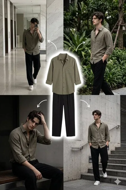 A stylish young man with medium-length wavy dark hair and a clean face, wearing a muted olive green button-up shirt with