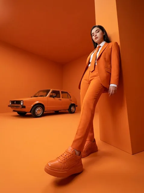 High-fashion editorial photography of a woman with the uploaded face as reference, leaning casually against a geometric