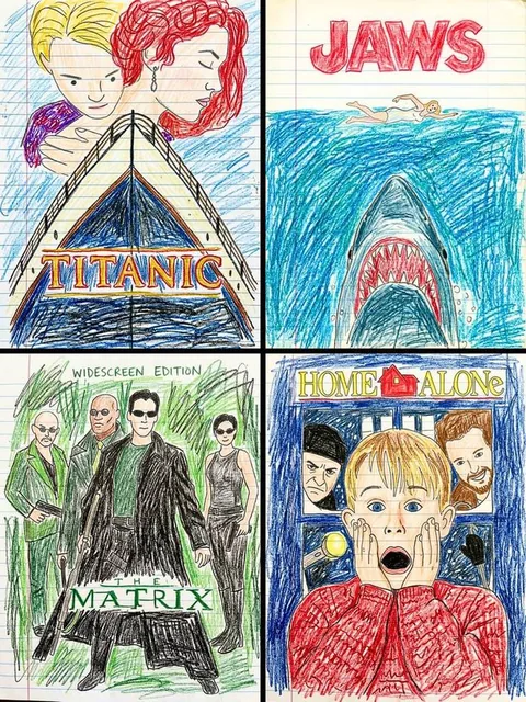 Transform this movie poster into a child’s crayon drawing on lined notebook paper. Every compositional element, characte