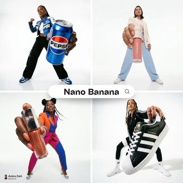 Low-angle fashion campaign photograph of a confident model holding a large [product name] very close to the camera, exag