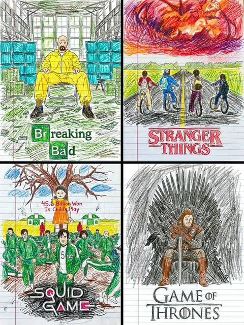 Transform this movie poster into a child’s crayon drawing on lined notebook paper. Every compositional element, characte