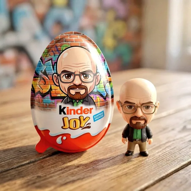 A hyper-realistic product photo of a Kinder Joy surprise egg sitting on a wooden table. The egg packaging features a chi
