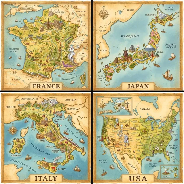 A hand-painted isometric bird’s-eye view illustration of [COUNTRY] in a vintage map style, featuring iconic landmarks an